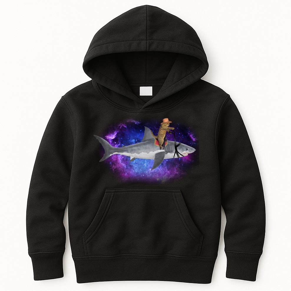 Galaxy Cat Riding Shark Kids Hoodie