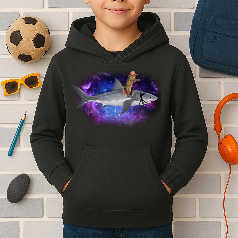 Galaxy Cat Riding Shark Kids Hoodie