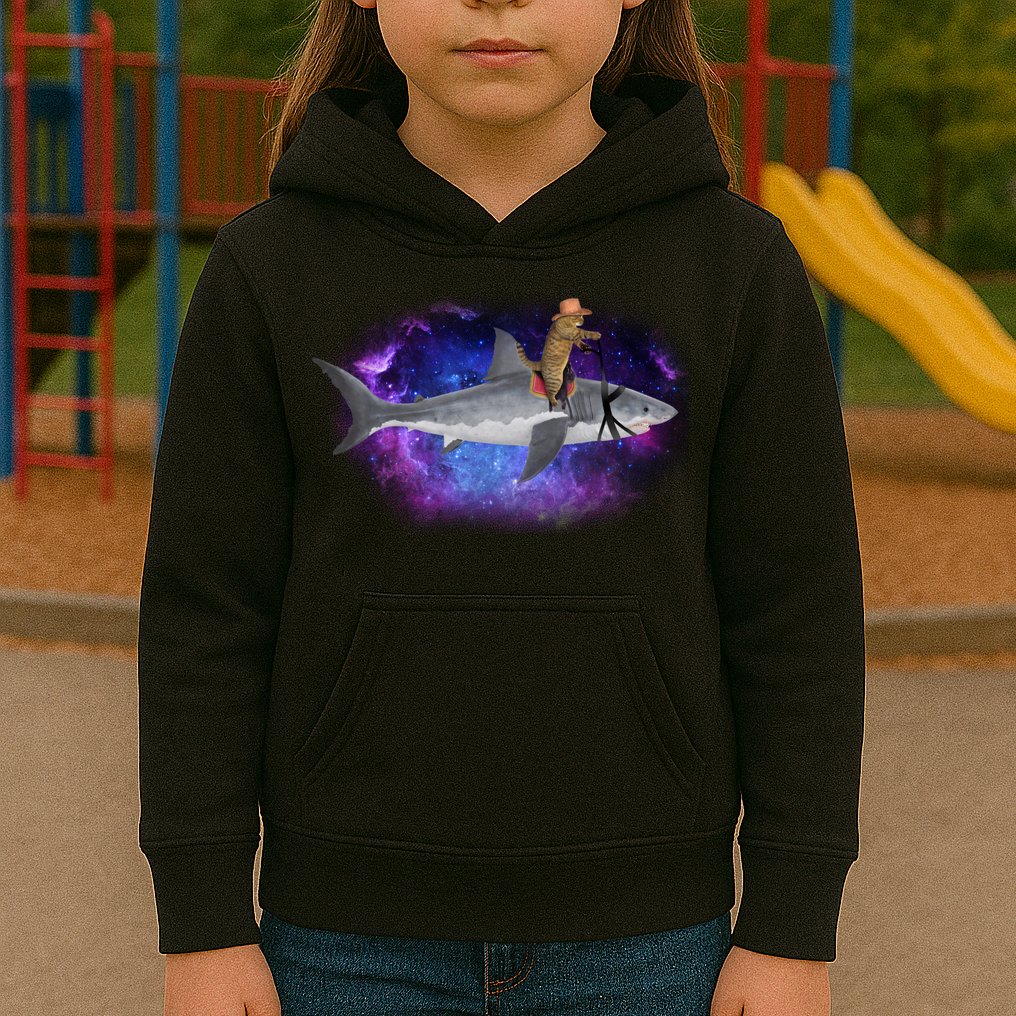 Galaxy Cat Riding Shark Kids Hoodie