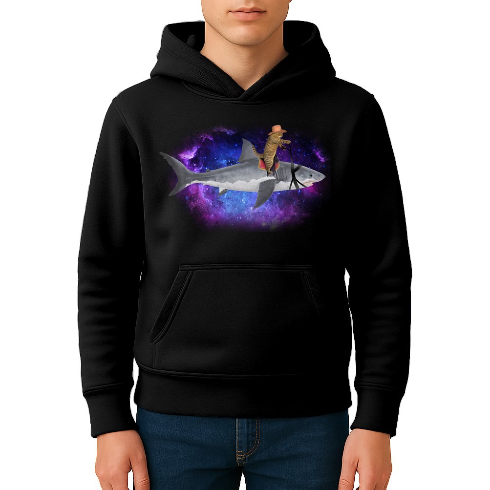 Galaxy Cat Riding Shark Kids Hoodie