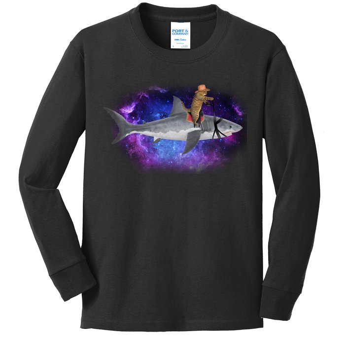 Galaxy Cat Riding Shark Kids Long Sleeve Shirt