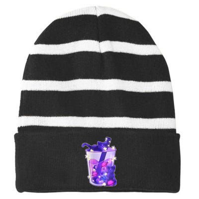 Galaxy Cats Boba Tea Striped Beanie with Solid Band