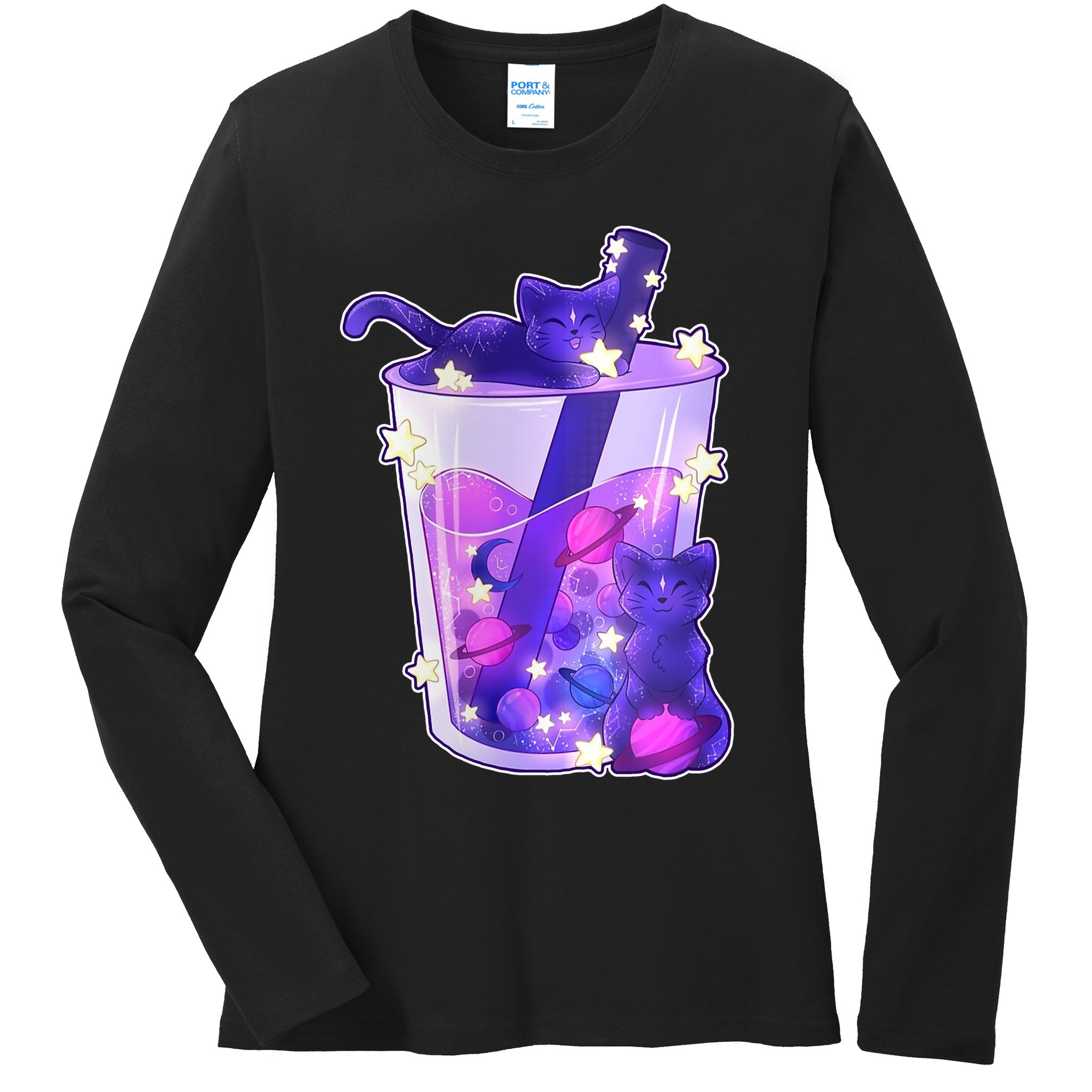 Galaxy Cats Boba Tea Ladies Long Sleeve Shirt