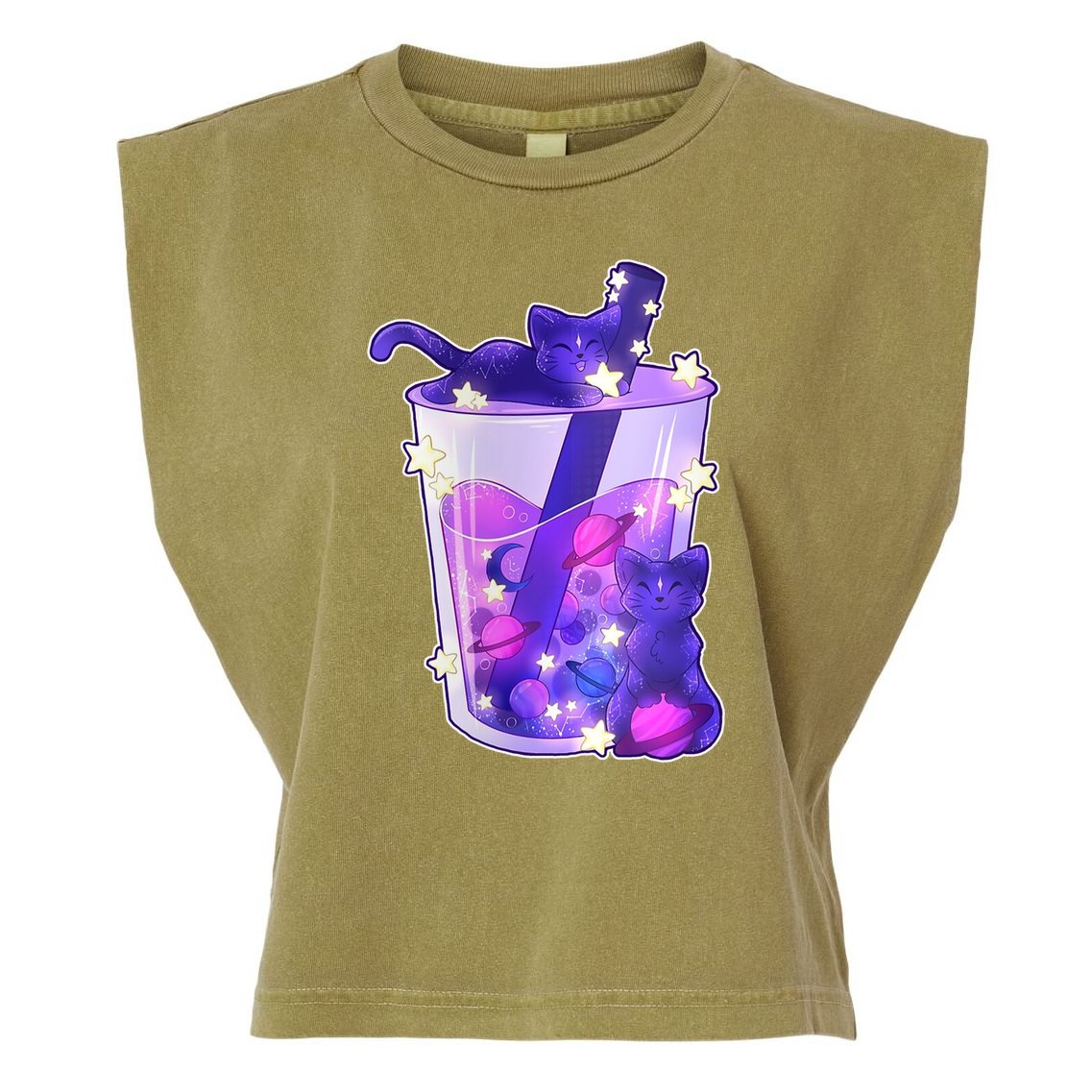 Galaxy Cats Boba Tea Garment-Dyed Women's Muscle Tee