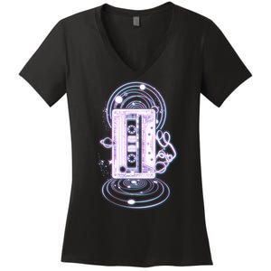 Galaxy Retro Space Cassette Tape Women's V-Neck T-Shirt