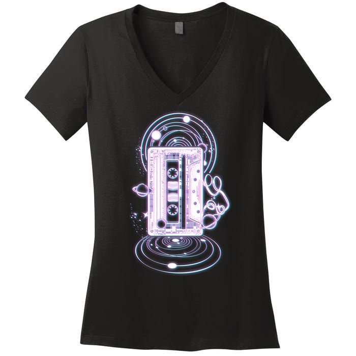 Galaxy Retro Space Cassette Tape Women's V-Neck T-Shirt