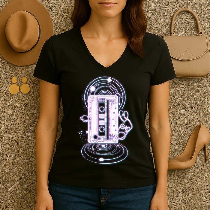 Galaxy Retro Space Cassette Tape Women's V-Neck T-Shirt