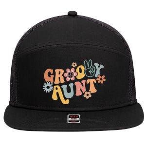 Groovy Aunt Matching Family 1st Birthday Party 7 Panel Mesh Trucker Snapback Hat