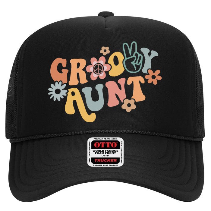 Groovy Aunt Matching Family 1st Birthday Party High Crown Mesh Back Trucker Hat