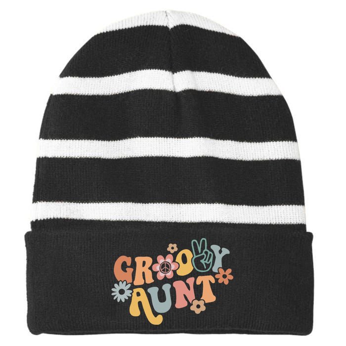 Groovy Aunt Matching Family 1st Birthday Party Striped Beanie with Solid Band