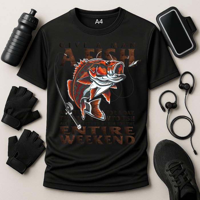 Give A Man A Fish Funny Fishing Fanatic Cooling Performance Crew T-Shirt