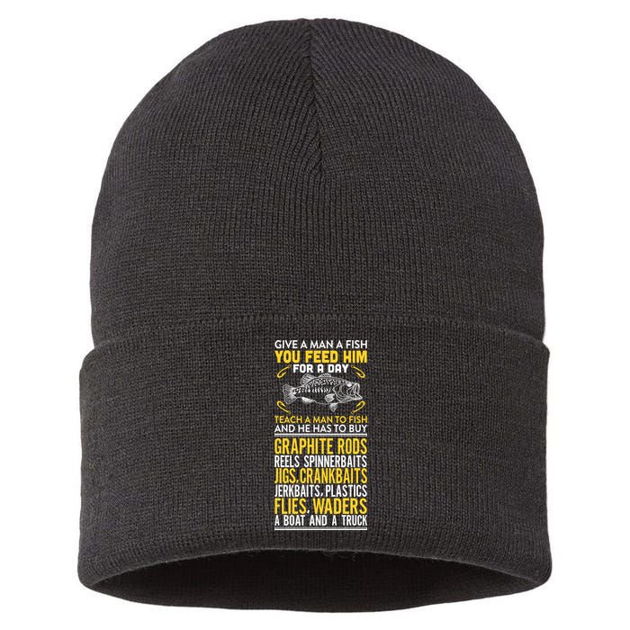 Give A Man A Fish You Feed Him For A Day Teach Him To Fish Funny Sustainable Knit Beanie