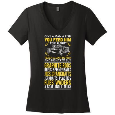 Give A Man A Fish You Feed Him For A Day Teach Him To Fish Funny Women's V-Neck T-Shirt