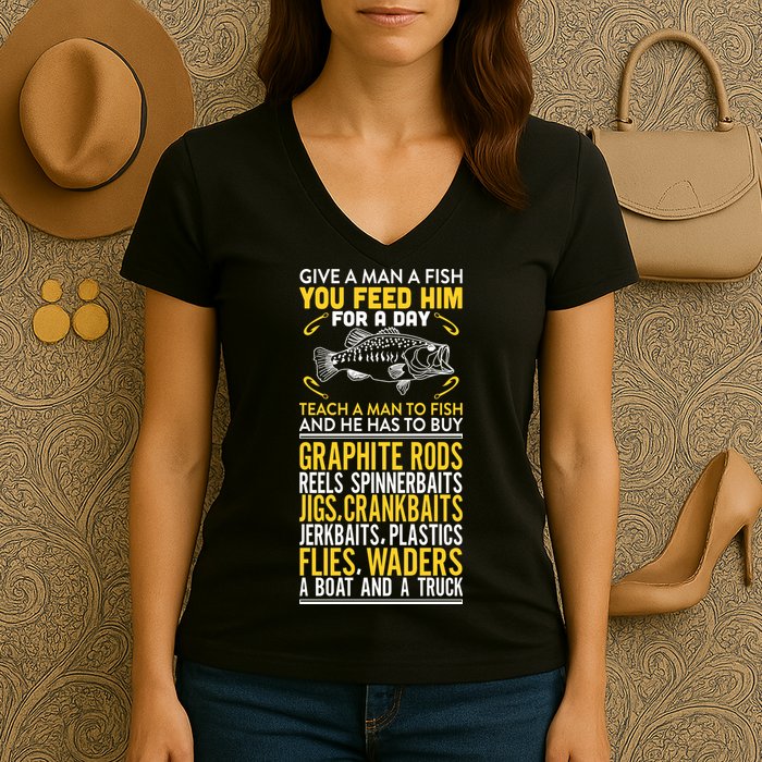 Give A Man A Fish You Feed Him For A Day Teach Him To Fish Funny Women's V-Neck T-Shirt