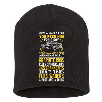 Give A Man A Fish You Feed Him For A Day Teach Him To Fish Funny Short Acrylic Beanie