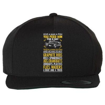 Give A Man A Fish You Feed Him For A Day Teach Him To Fish Funny Wool Snapback Cap