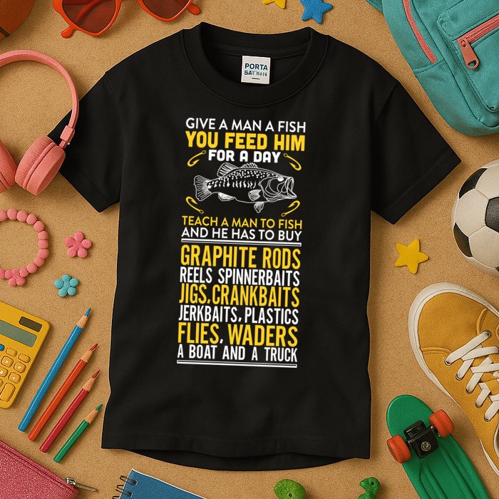 Give A Man A Fish You Feed Him For A Day Teach Him To Fish Funny Kids T-Shirt