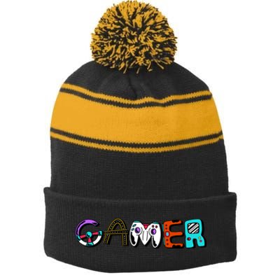 Gamer Element Lettering Stripe Pom Pom Beanie