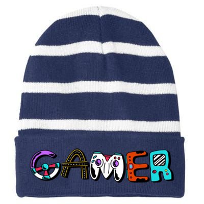 Gamer Element Lettering Striped Beanie with Solid Band