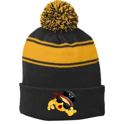 Gangster Emoji Smiley Stripe Pom Pom Beanie