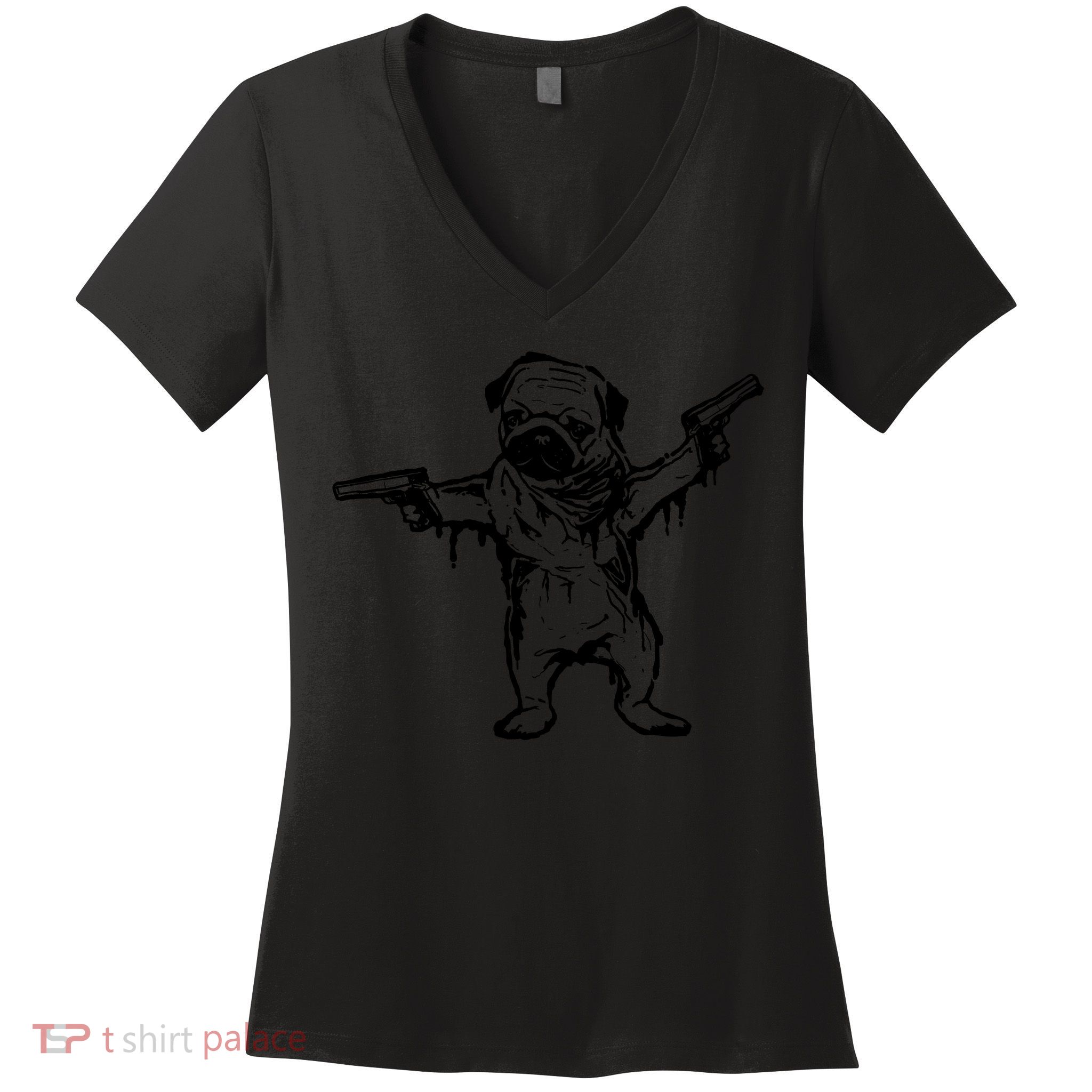 Gangster Pug With Guns Women's V-Neck T-Shirt