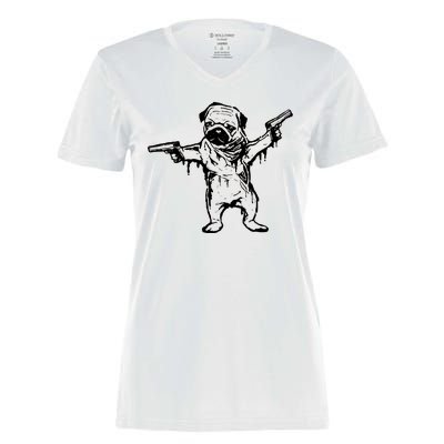 Gangster Pug With Guns Women's Momentum V-Neck T-Shirt