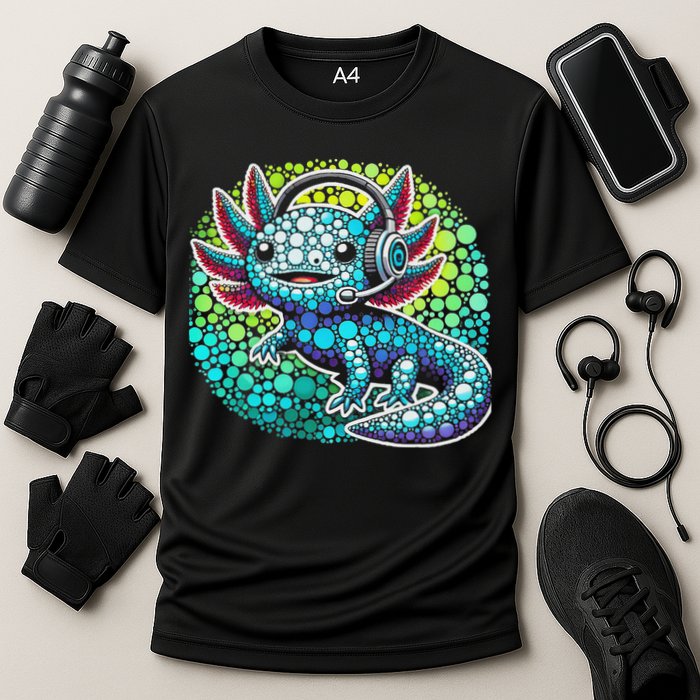 Gamer Axolotl Polka Dot Video Games Day Headphone Cooling Performance Crew T-Shirt
