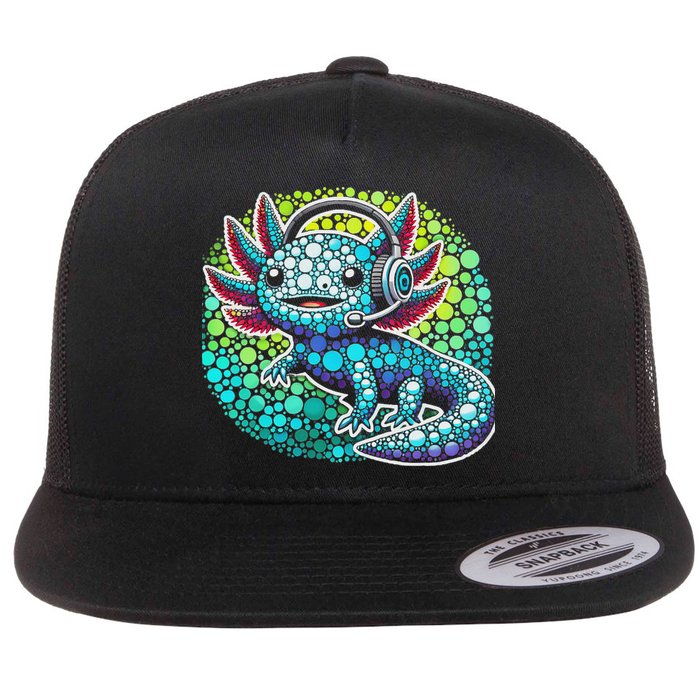 Gamer Axolotl Polka Dot Video Games Day Headphone Flat Bill Trucker Hat