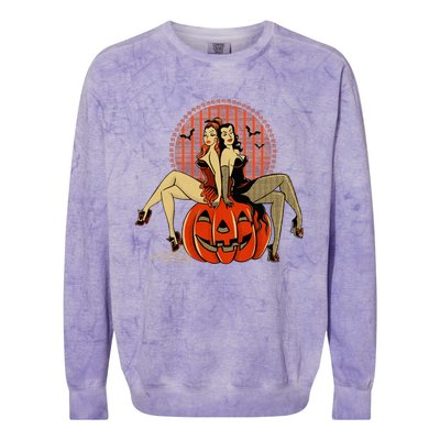 Girl And Pumpkin Pin Up Halloween50s Inspired Halloween Colorblast Crewneck Sweatshirt