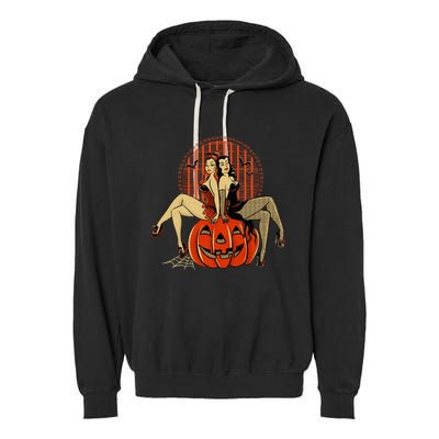 Girl And Pumpkin Pin Up Halloween50s Inspired Halloween Garment-Dyed Fleece Hoodie