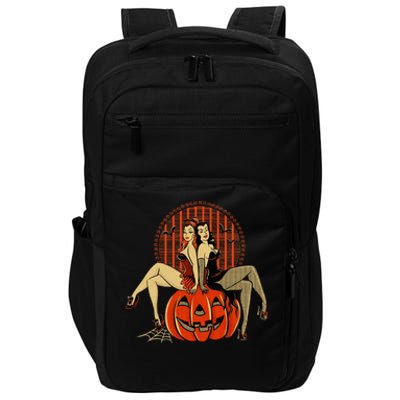 Girl And Pumpkin Pin Up Halloween50s Inspired Halloween Impact Tech Backpack