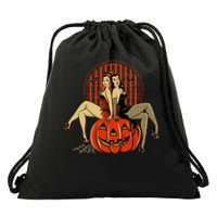 Girl And Pumpkin Pin Up Halloween50s Inspired Halloween Drawstring Bag