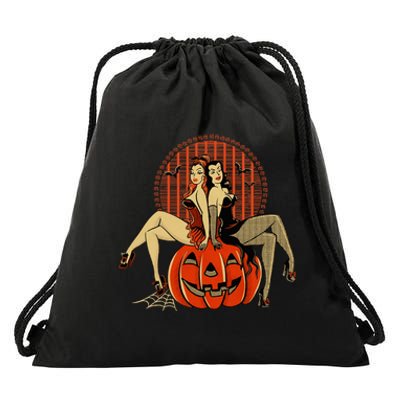 Girl And Pumpkin Pin Up Halloween50s Inspired Halloween Drawstring Bag