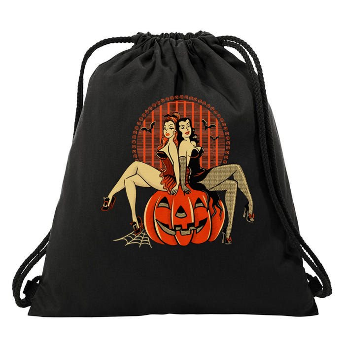 Girl And Pumpkin Pin Up Halloween50s Inspired Halloween Drawstring Bag