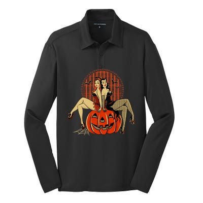 Girl And Pumpkin Pin Up Halloween50s Inspired Halloween Silk Touch Performance Long Sleeve Polo