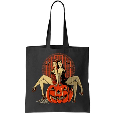 Girl And Pumpkin Pin Up Halloween50s Inspired Halloween Tote Bag