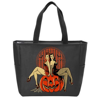 Girl And Pumpkin Pin Up Halloween50s Inspired Halloween Zip Tote Bag