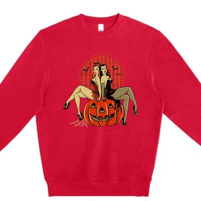 Girl And Pumpkin Pin Up Halloween50s Inspired Halloween Premium Crewneck Sweatshirt