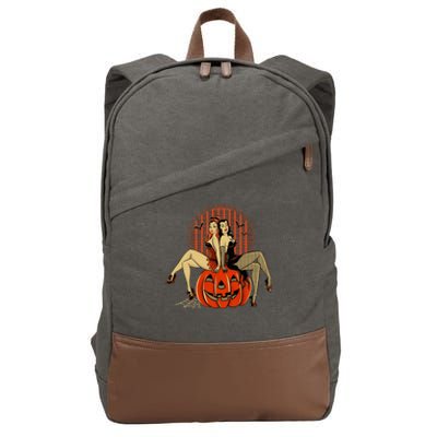 Girl And Pumpkin Pin Up Halloween50s Inspired Halloween Cotton Canvas Backpack