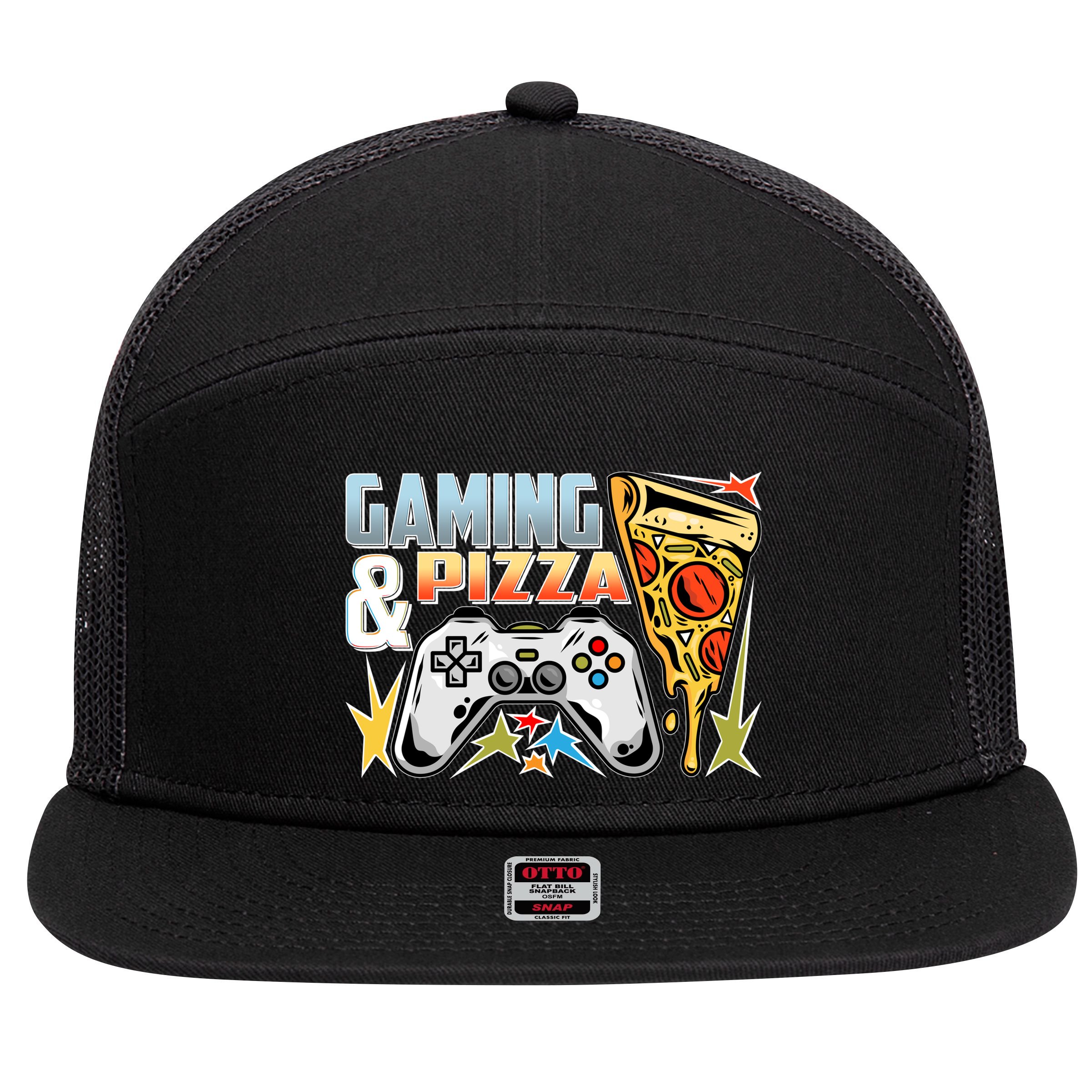 Gaming And Pizza Lover Fan 7 Panel Mesh Trucker Snapback Hat