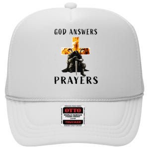 God Answers Prayers Warrior Men Christian Cross Lion Graphic High Crown Mesh Back Trucker Hat