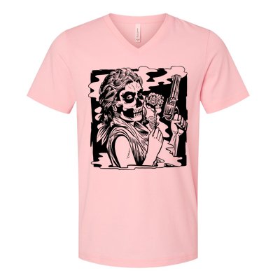 Gun And Roses Skull Girl V-Neck T-Shirt