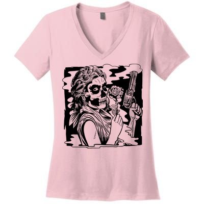 Gun And Roses Skull Girl Women's V-Neck T-Shirt