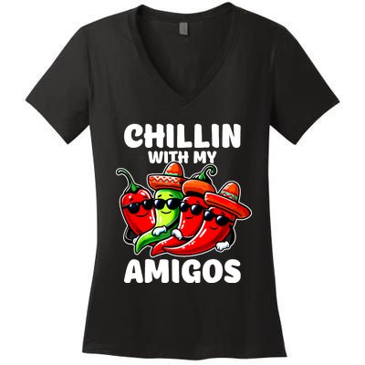 Green And Red Chilli Hot Pepper Cinco De Mayo Funny Chilli Women's V-Neck T-Shirt