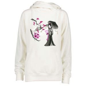 Geisha And Sakura Womens Funnel Neck Pullover Hood