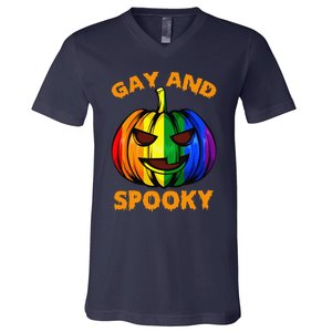 Gay And Spooky Halloween Rainbow Pumpkin LGBTQ+ Gay Lesbian V-Neck T-Shirt