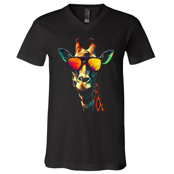 Giraffe Artwork Sunglasses Animal V-Neck T-Shirt