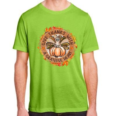 Give A Thanks With Grateful Heart Thanksgiving Thankful Turkey Adult ChromaSoft Performance T-Shirt