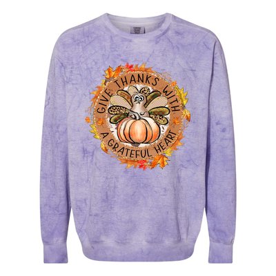 Give A Thanks With Grateful Heart Thanksgiving Thankful Turkey Colorblast Crewneck Sweatshirt