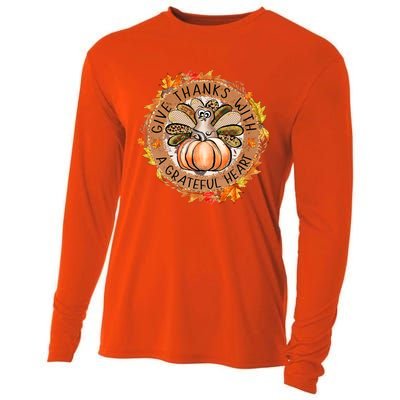 Give A Thanks With Grateful Heart Thanksgiving Thankful Turkey Cooling Performance Long Sleeve Crew